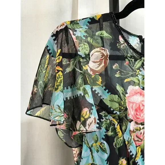 Mac Duggal Multicolor Floral Illusion Cap Sleeve Midi Dress 6 NWT #9149 Chiffon - Picture 9 of 16